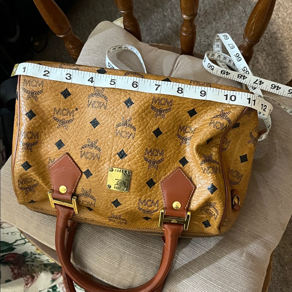MCM Tan and Brown Satchel with Iconic Monogram and Leather Trim - Picture 9 of 10